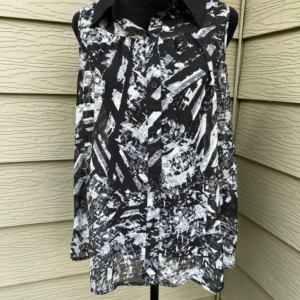 H.I.P. women’s size M sleeveless sheer top with collar, black & white - Picture 2 of 5